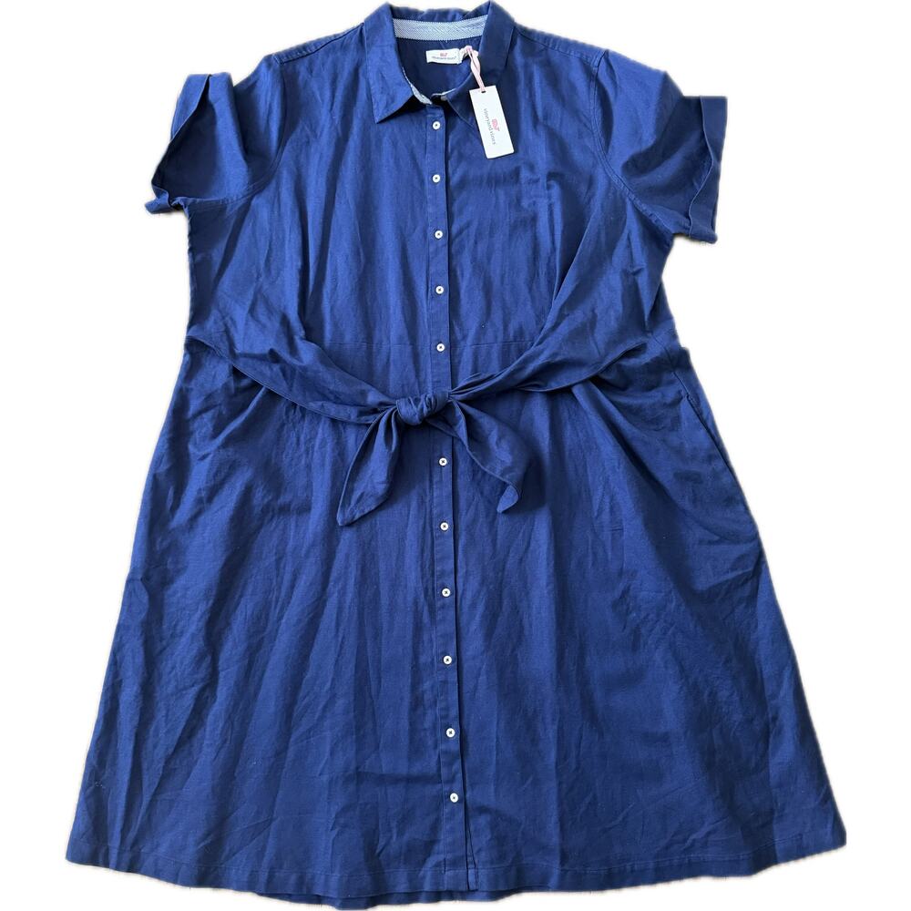 NWT Vineyard Vines WOMENS WESTERLY TIE-FRONT LINEN DRESS Plus 24 Navy Blue